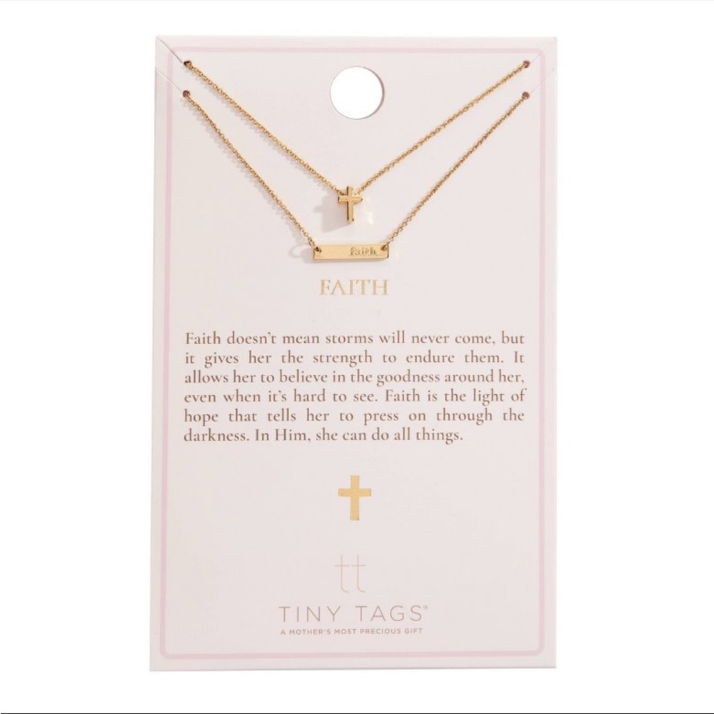 Tiny Tags 14K Gold lon Plated Faith Bar and Cross Chain Necklace Set 2pc - Gold